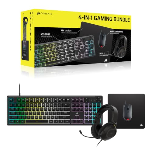 Corsair 4-in-1 Gaming Bundle (2026) – Black | K55 CORE RGB Gaming Keyboard – QWERTY US Layout, HS35 v3 Headset, HARPOON RGB PRO Mouse, MM Medium Anti-Fray Mouse Mat