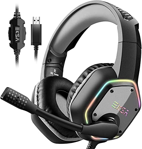 EKSA E1000 USB PC Gaming Headset with Mic, 7.1 Surround Sound | Computer Headphones with Microphone Noise Cancelling, RGB Light, Wired Headphones for PS4, PS5 Console, Laptop, Call Center
