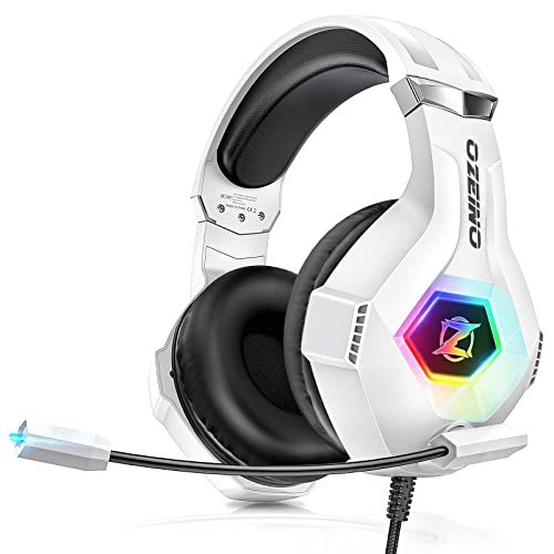 Ozeino Gaming Headset for PC, Ps4, Ps5, Xbox Headset with 7.1 Surround Sound Gaming Headphones with Noise Canceling Mic, LED Light Over Ear Headphones for Switch, Xbox Series X/S, Laptop, Mobile White