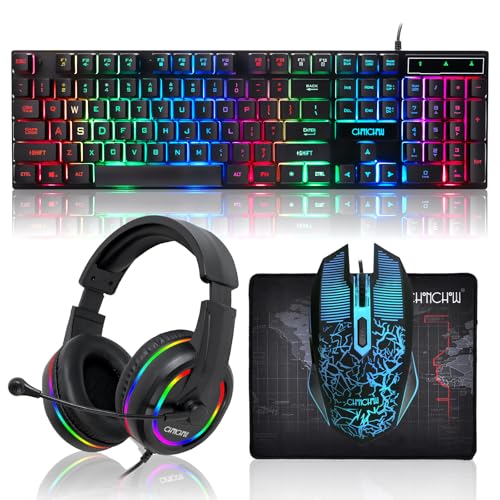Gaming LED Keyboard Mouse Headset and Mousepad Bundle,Wired Rainbow | LED Light Up Gaming Keyboard Mouse Headset, Value 4 In 1 Game Set for Xbox PS4 PS5 PC Laptop Gamer