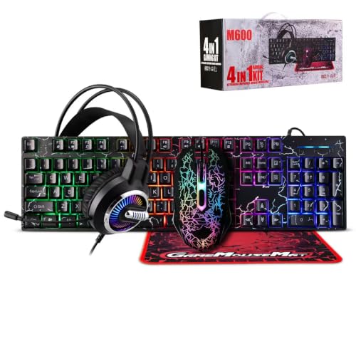 Guiheng Wired Crack Rainbow Gaming Keyboard and Mouse Combo,Mouse pad and Gaming Headset, Wired LED RGB Backlight Bundle for PC Gamers and Xbox and PS4 Users - 4 in 1 Edition